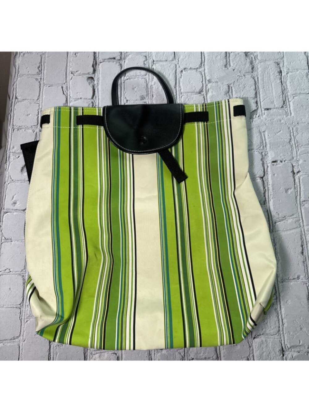 Twos Company Stripe Packable Beach Backpack Tote Vegan Green Black - Picture 3 of 13